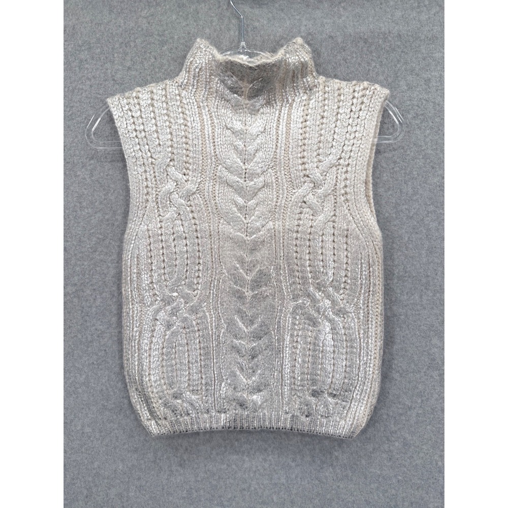 Edit by Jason Wu Sweater Vest Womens Medium Silver Metallic Cable Knit Mock Neck